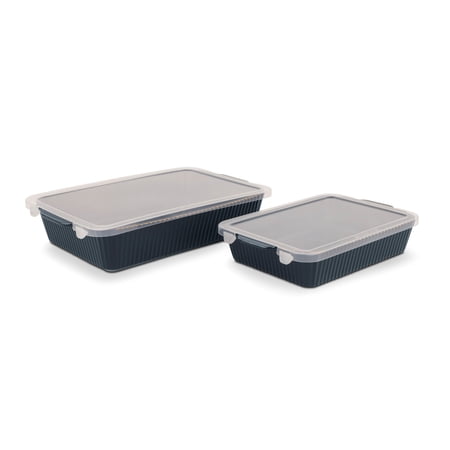 Thyme & Table 4-Piece Stoneware Bakeware Set, Includes Lids, 9"x13" , 7"x10" Bakers With Lids , Atlantic Blue Ribbed