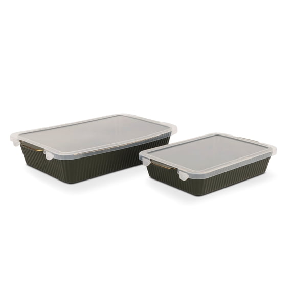 Thyme & Table 4-Piece Stoneware Bakeware Set, Includes Lids, 9"x13" , 7"x10" Bakers With Lids , Green Ribbed