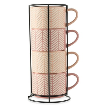Thyme & Table 4 Pack Stacking Mugs, Pink and White Lines 11.1 fl oz, Stoneware