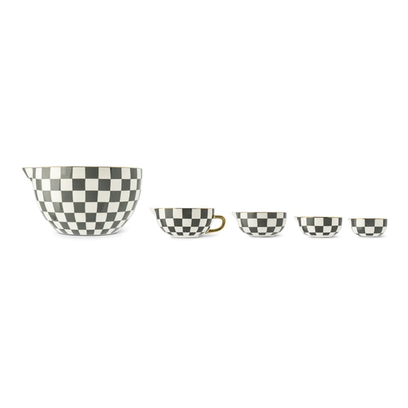 Thyme & Table 5-Piece Ceramic Mixing Bowl and Measuring Set - Green Checkered