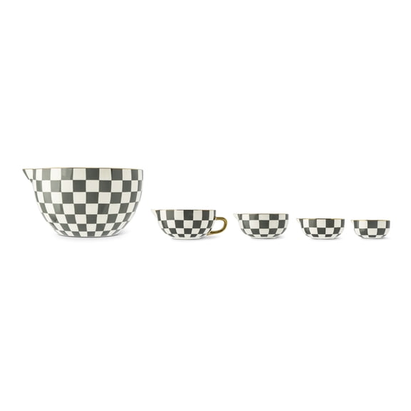 Thyme & Table 5-Piece Ceramic Mixing Bowl and Measuring Set - Black Checkered