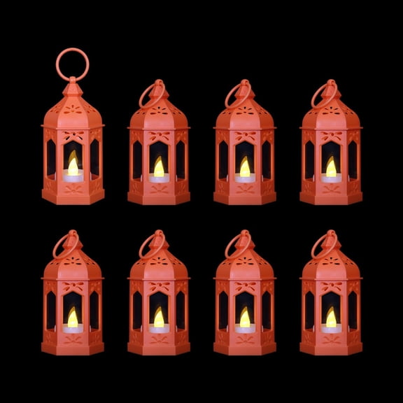 TT-8 Pcs Mini Lantern with Flickering LED Candles, Orange Vintage Decorative Hanging Lanterns for Ramadan Halloween, Christmas, Wedding Decorations, Party, Table Centerpiece, Battery Included