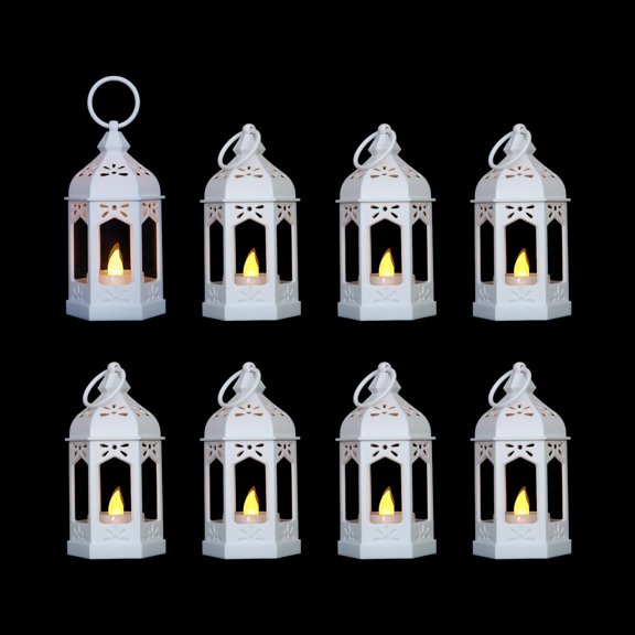 TT-8Pcs(5 Inch,White) Mini Moroccan Lantern Decor with LED Candle for Christmas Wedding Table Centerpiece, Small Vintage Hanging Ramadan Lanterns Lamp Ornaments for Eid Mubarak Decorations