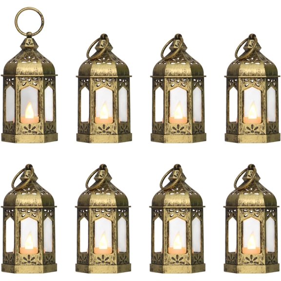 TT-8Pcs 5-inch Mini Lanterns Centerpieces for Table, Vintage Small Ramadan Lantern for Eid Mubarak Decorations, Ramadan Gifts for Kids, Wedding Decor, Baby Shower Decorations, Brushed Brass