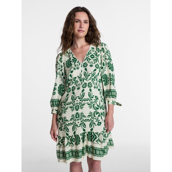 Time and Tru Women's Linen-Blend Border Print Mini Dress, Sizes XS-XXXL