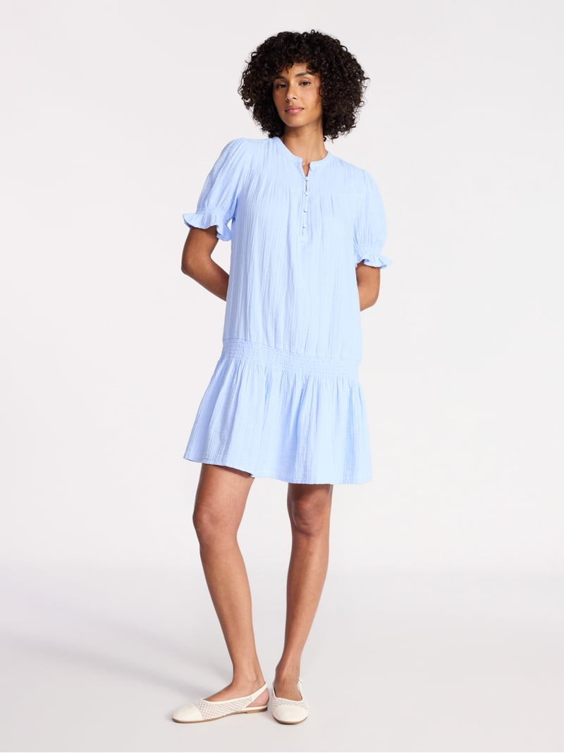 Time And Tru Women's Cotton Double Cloth Mini Dress with Drop Waist, Sizes Xs-xxxl, Size: Large, Blue Time And Tru Women's Cotton Double Cloth Mini Dress with Drop Waist, Sizes Xs-xxxl, Size: Large, Blue