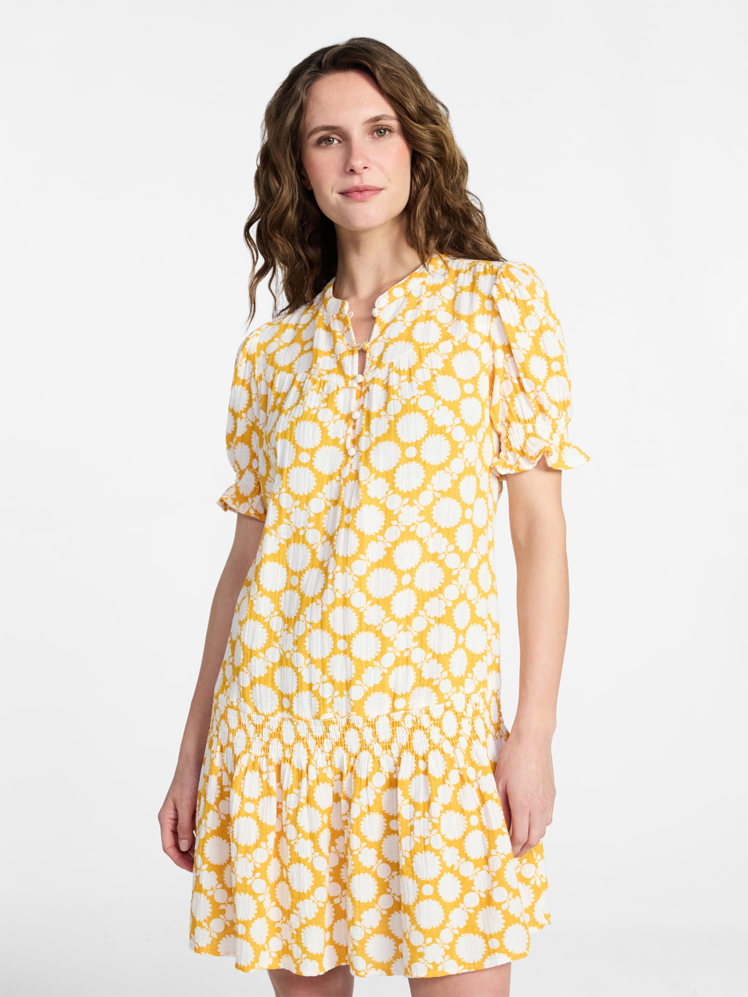 Time and Tru Women's Cotton Double Cloth Drop Waist Mini Dress with Puff Sleeves, Sizes XS-XXXL