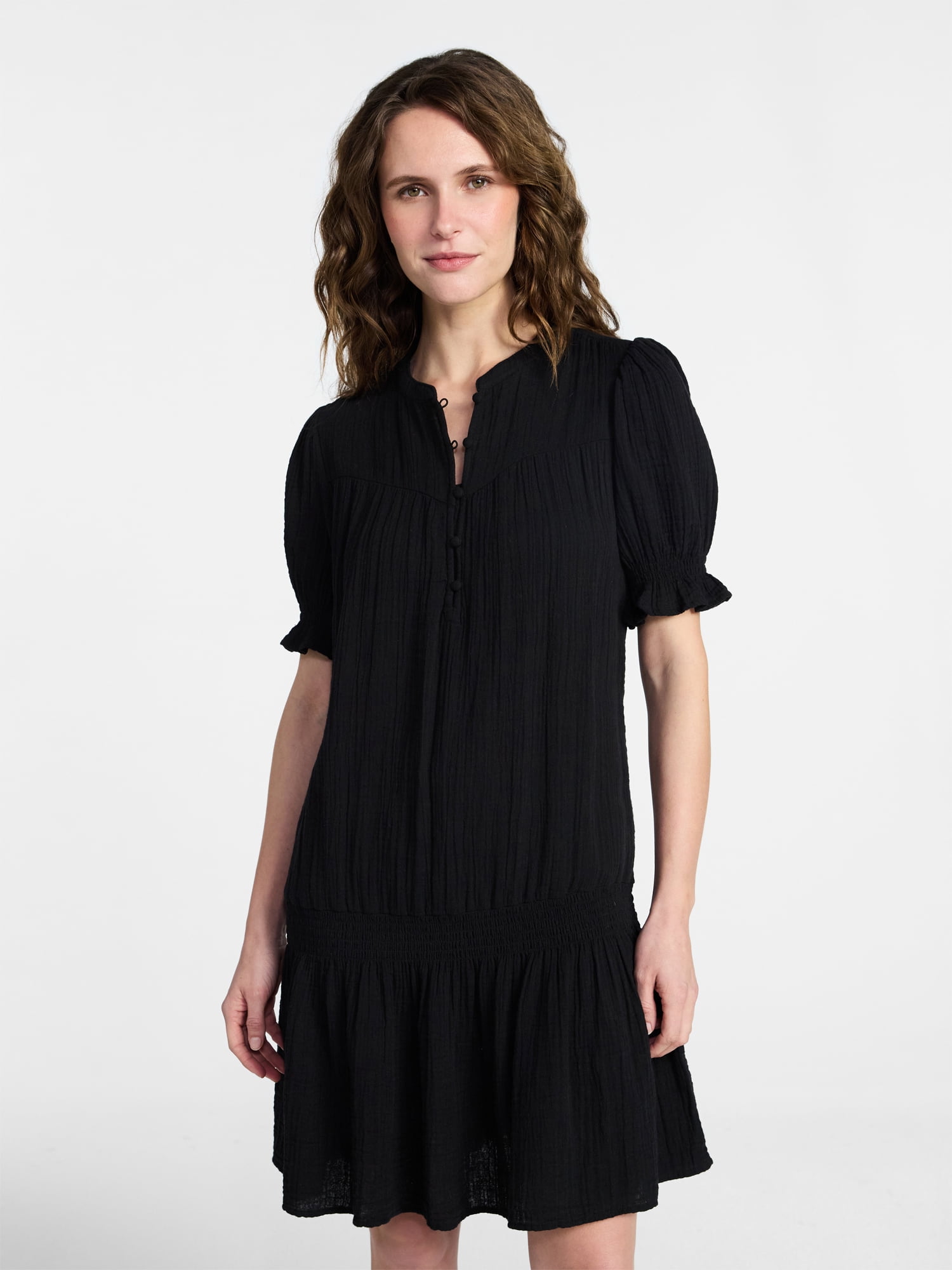 Time and Tru Women's Cotton Double Cloth Drop Waist Mini Dress with Puff Sleeves, Sizes XS-XXXL
