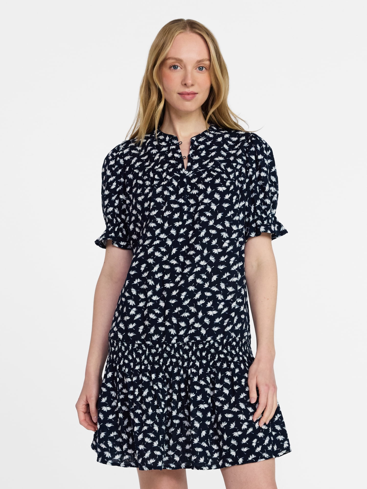 Time and Tru Women's Cotton Double Cloth Mini Dress with Drop Waist, Sizes XS-XXXL