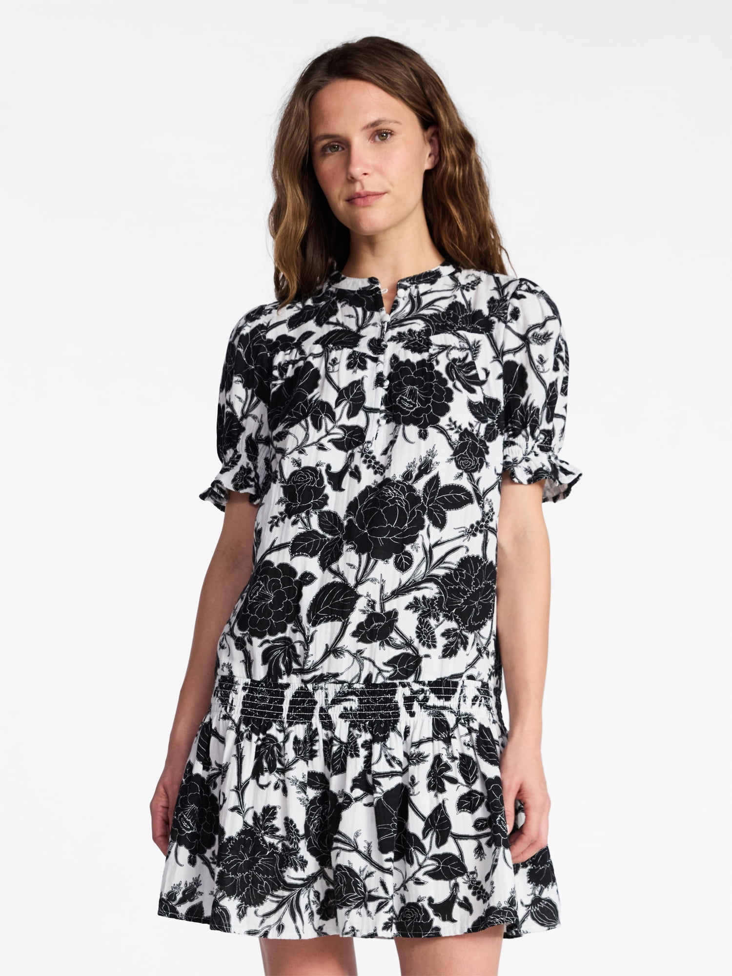 Time and Tru Women's Cotton Double Cloth Mini Dress with Drop Waist, Sizes XS-XXXL