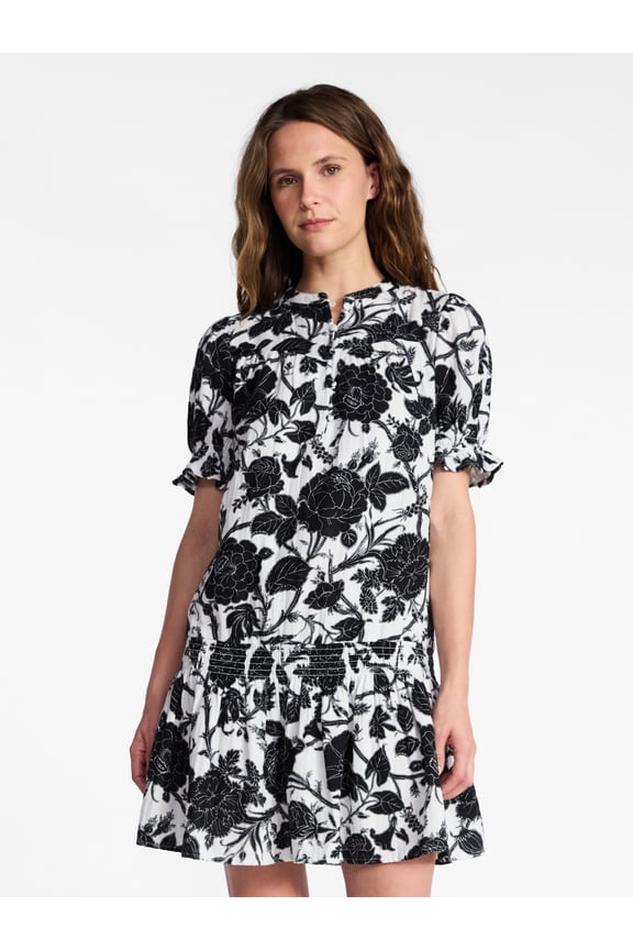 Women's Cotton Double Cloth Mini Dress with Drop Waist, Sizes XS-XXXL