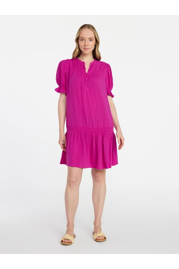 Women's Cotton Double Cloth Mini Dress with Drop Waist, Sizes XS-XXXL