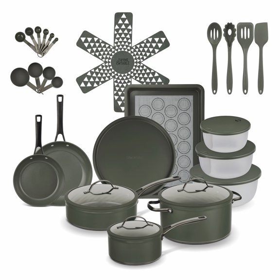 Thyme & Table 35-Piece Cookware & Bakeware Ceramic Nonstick Set - Dusty Moss