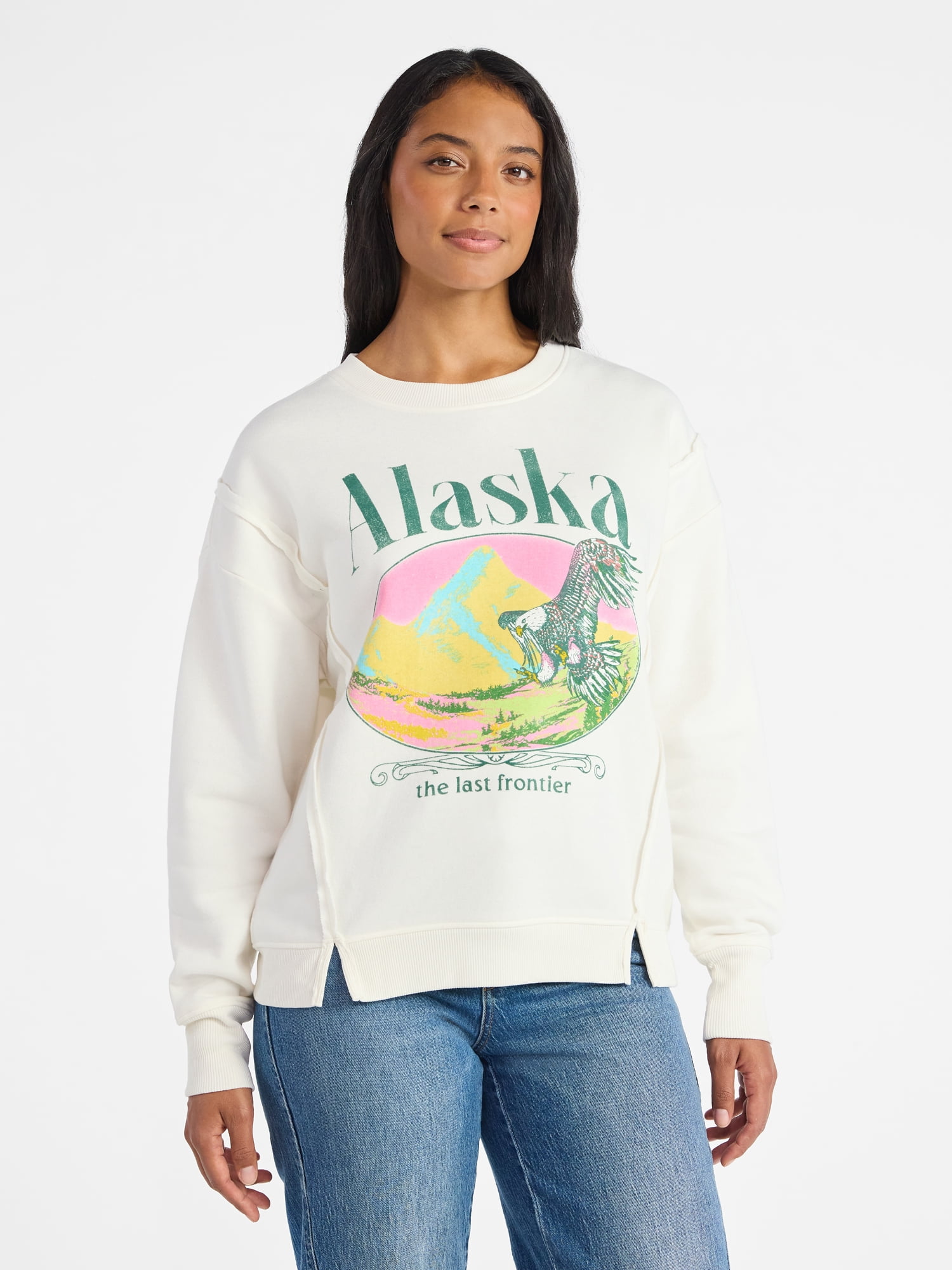 Time and Tru Women's Alaska Eagle Graphic Sweatshirt with Long Sleeves, Sizes XS-XXXL