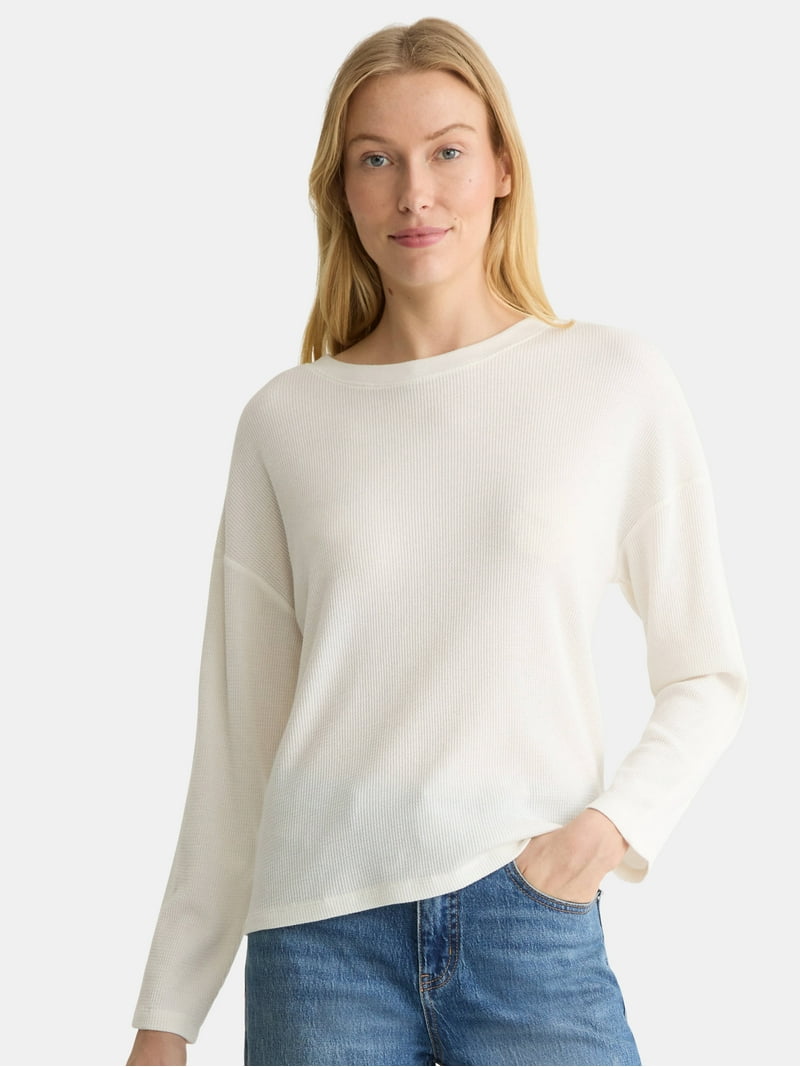 Time and Tru Women's Boxy Thermal Tee with Long Sleeves, Sizes XS