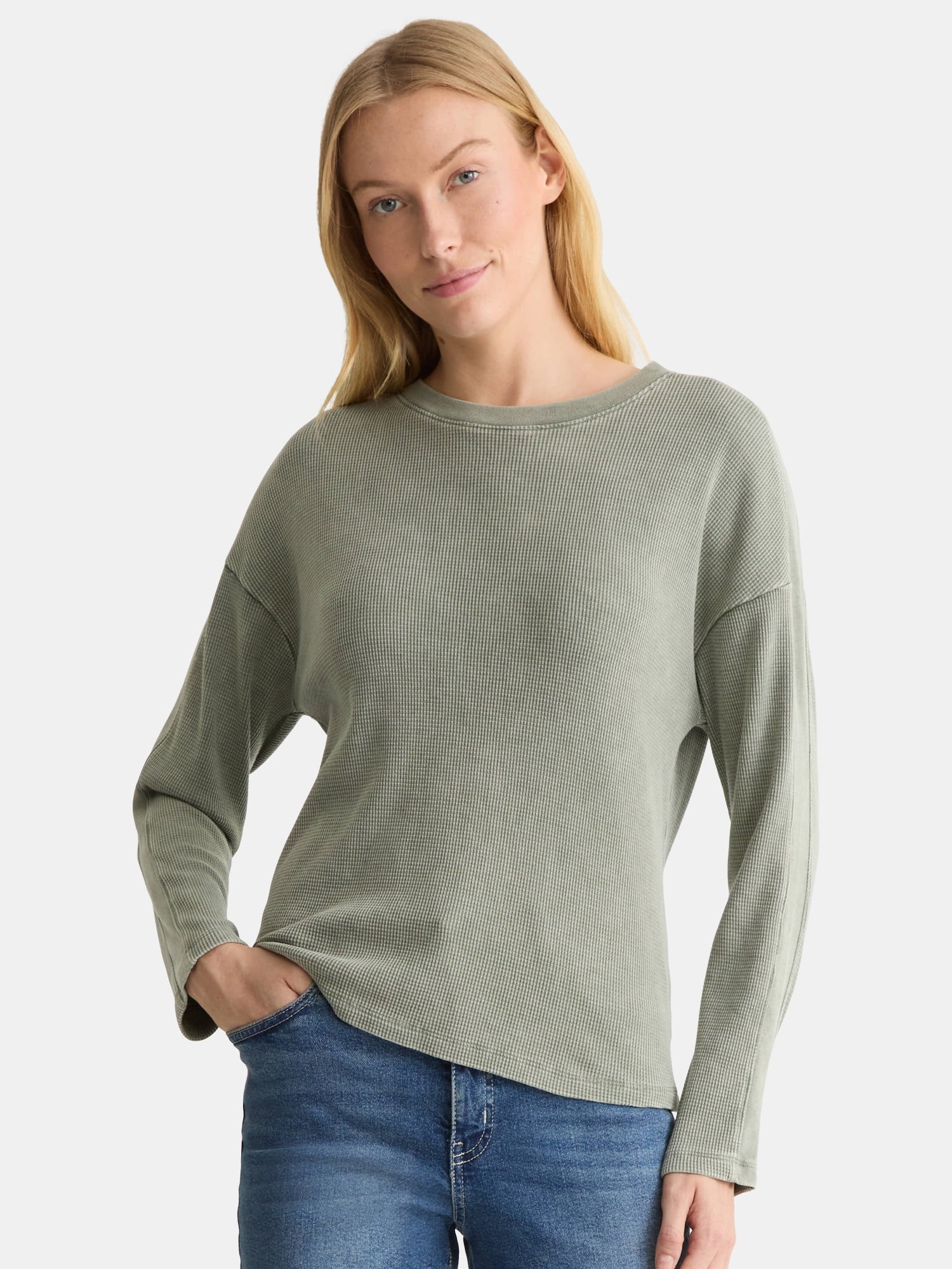 Time and Tru Women's Boxy Thermal Tee with Long Sleeves, Sizes XS-XXXL
