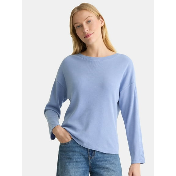 Time and Tru Women's Boxy Thermal Tee with Long Sleeves, Sizes XS-XXXL