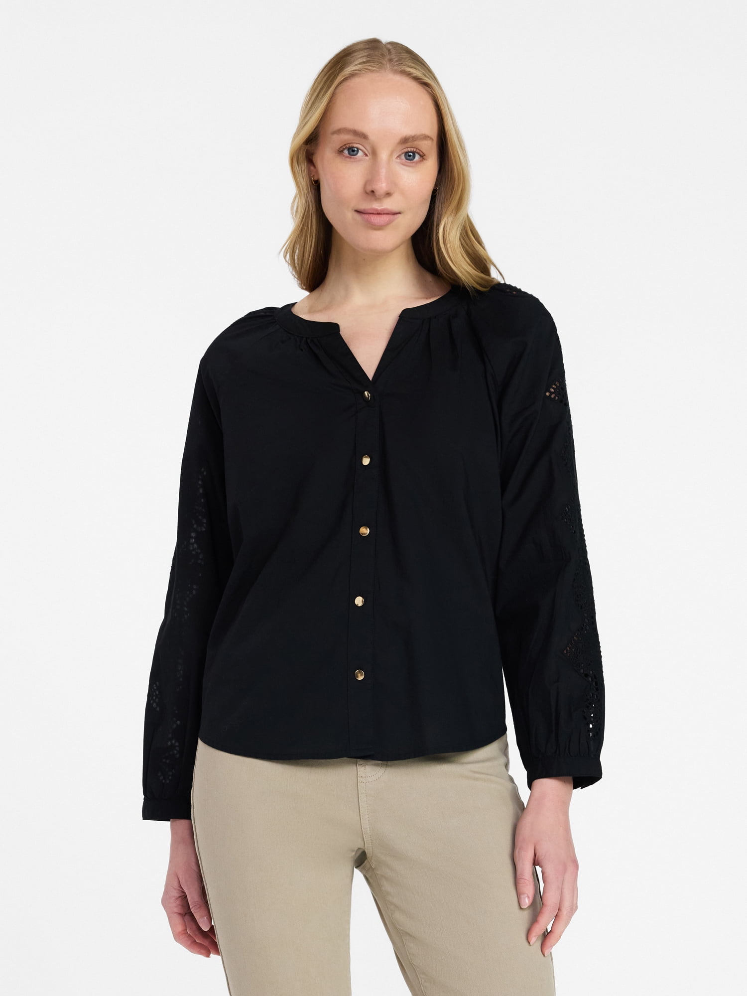 Time and Tru Women's Eyelet Blouse with Long Sleeves, Sizes XS-XXXL