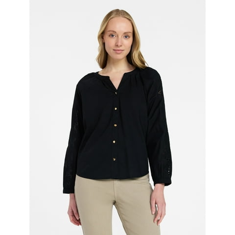 Women's Eyelet Blouse with Long Sleeves, Sizes XS-XXXL