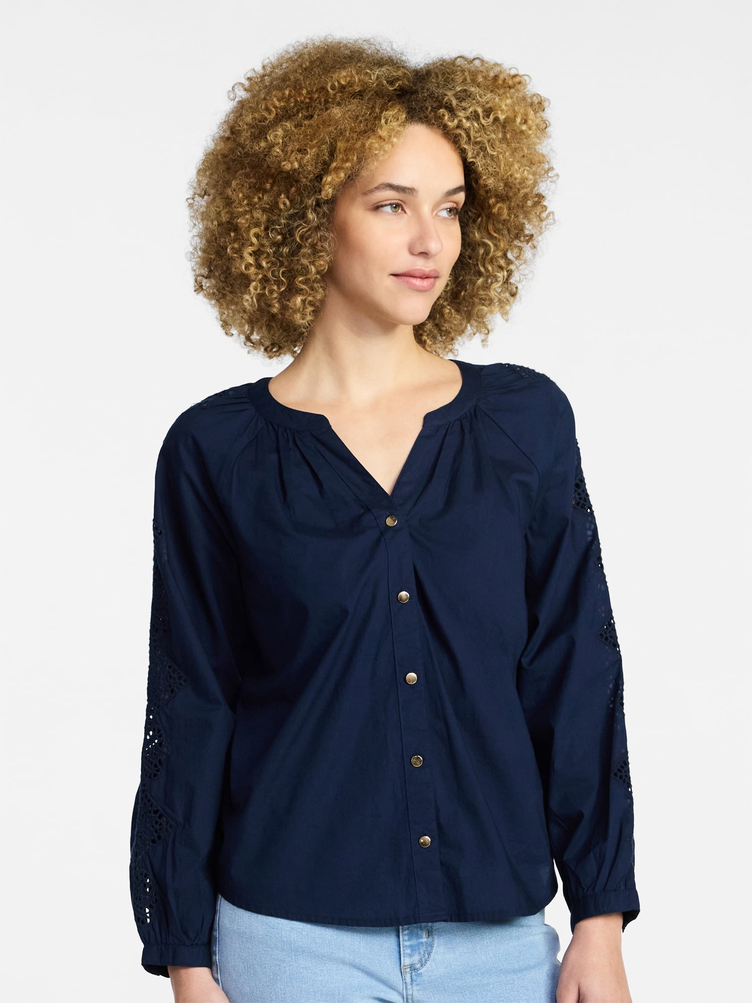 Time and Tru Women's Eyelet Blouse with Long Sleeves, Sizes XS-XXXL