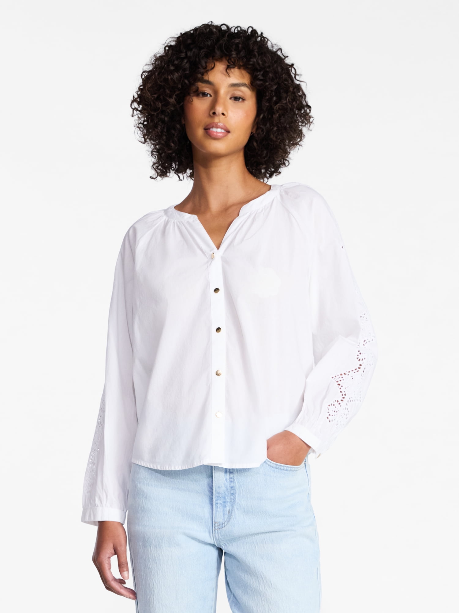 Time and Tru Women's Eyelet Blouse with Long Sleeves, Sizes XS-XXXL