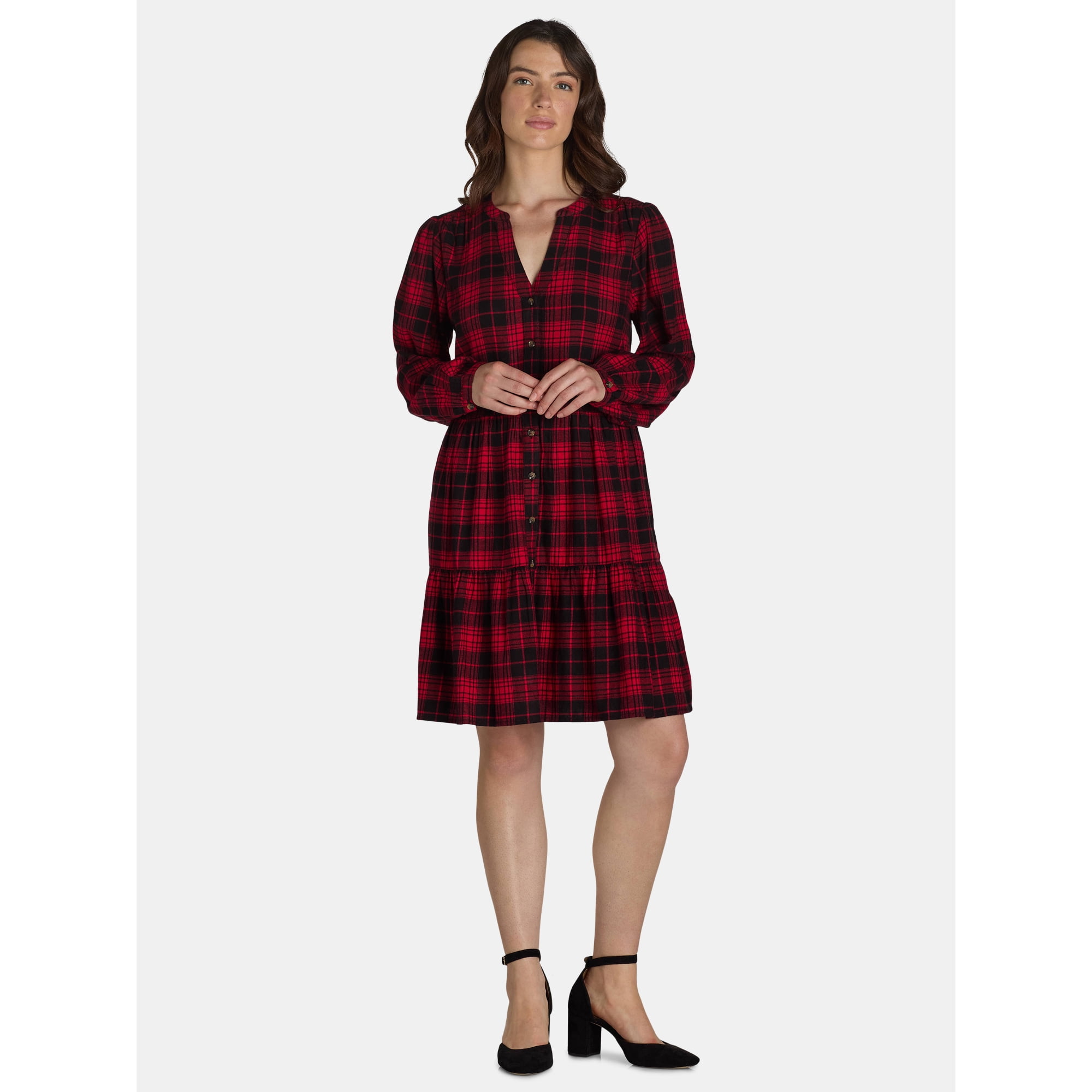 Time And Tru Women's and Women's Plus Tiered Plaid Shirt Dress, Sizes XS-4X