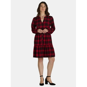 Time And Tru Women's and Women's Plus Tiered Plaid Shirt Dress, Sizes XS-4X