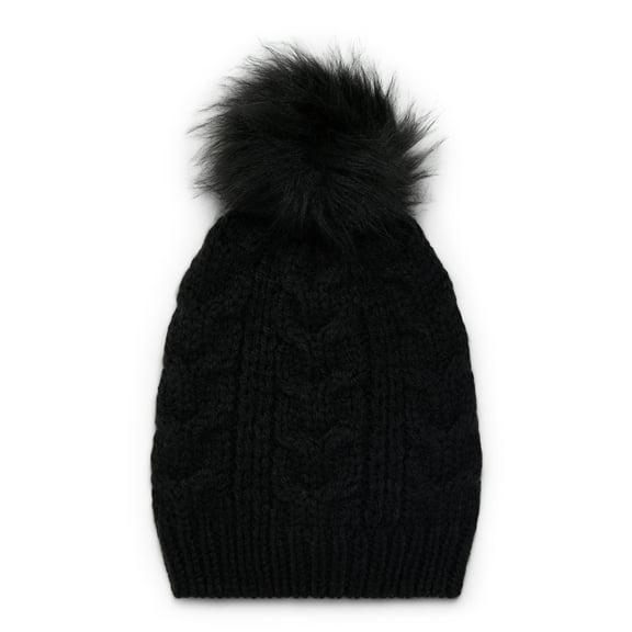 Time and Tru Women's Cable Pom Beanie, One Size Fits Most, Black Soot
