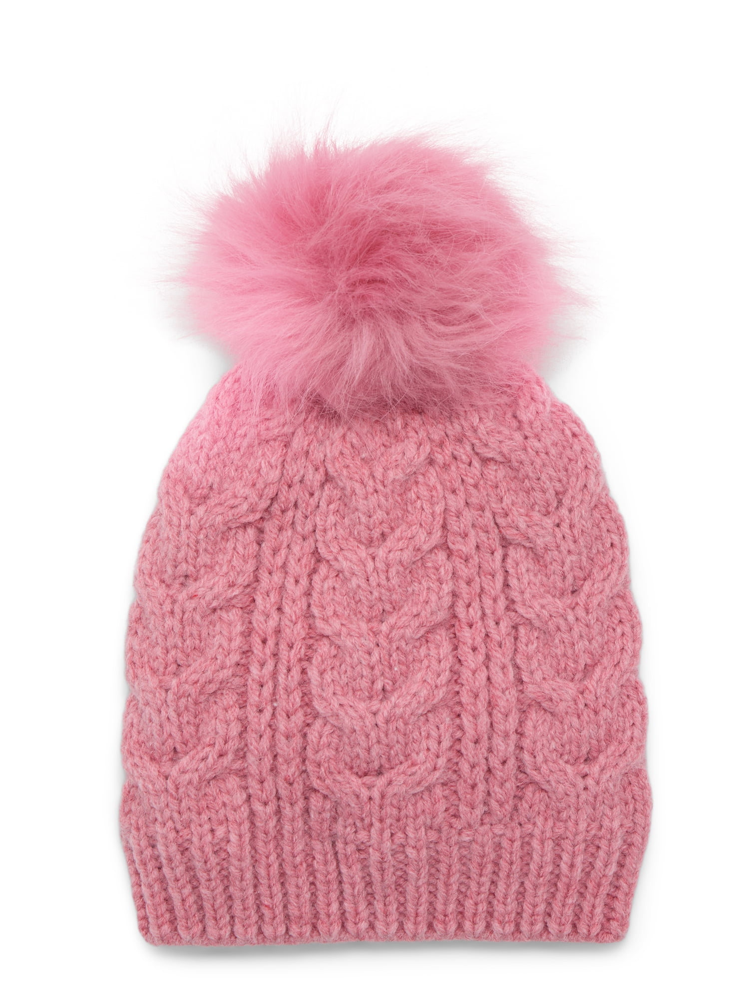 Time and Tru Women's Cable Pom Beanie, One Size Fits Most, Pink Pottery Heather