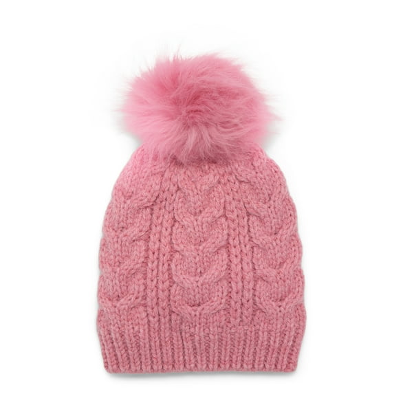 Time and Tru Women's Cable Pom Beanie, One Size Fits Most, Pink Pottery Heather