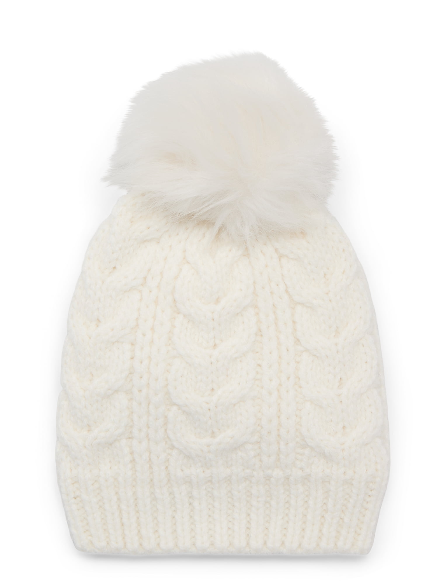 Time and Tru Women's Cable Pom Beanie, One Size Fits Most, Winter White