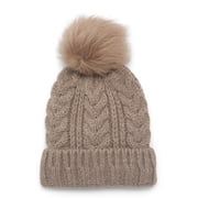Time and Tru Womens Cable Pom Cuff Beanie, One Size Fits Most, Toasted Heather