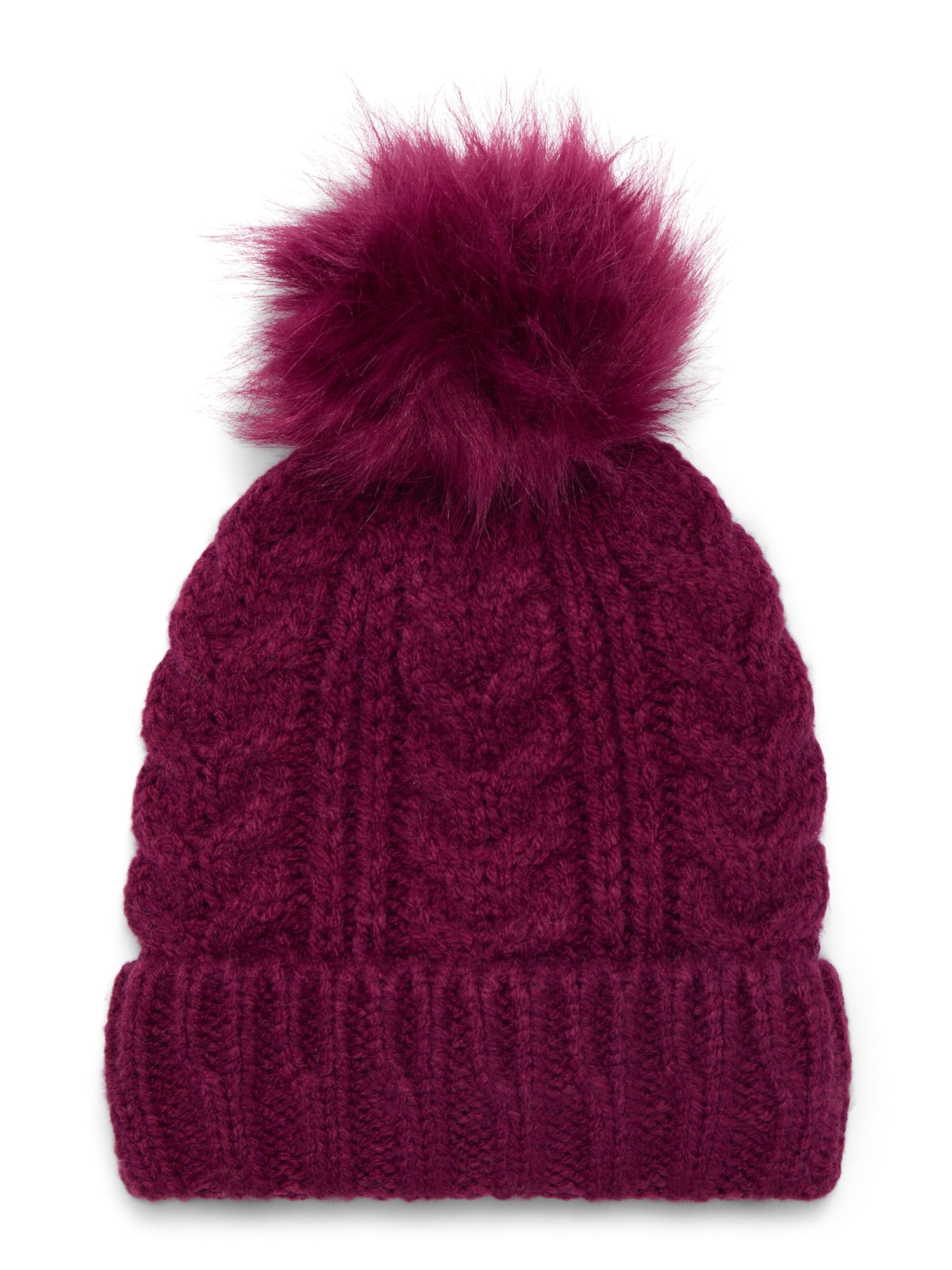 Time and Tru Women's Cable Pom Cuff Beanie, One Size Fits Most, Wine