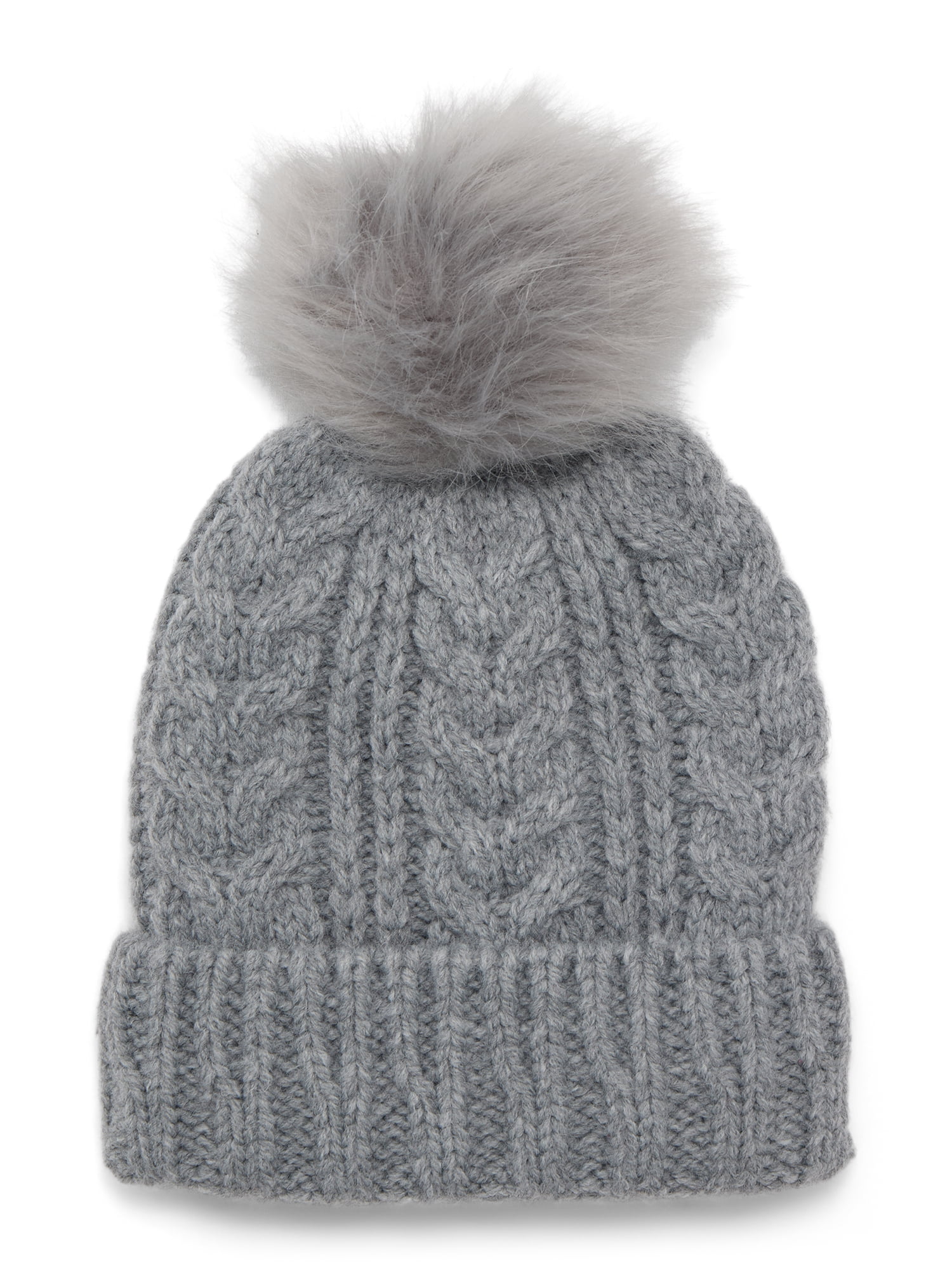 Time and Tru Women's Cable Pom Cuff Beanie, One Size Fits Most, Medium Grey Heather