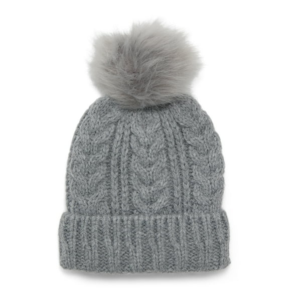 Time and Tru Women's Cable Pom Cuff Beanie, One Size Fits Most, Medium Grey Heather
