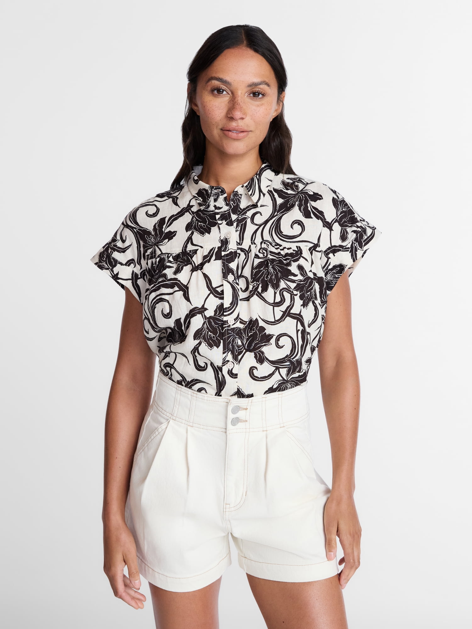 Time and Tru Women's Camp Shirt with Short Sleeves, Sizes XS-XXXL