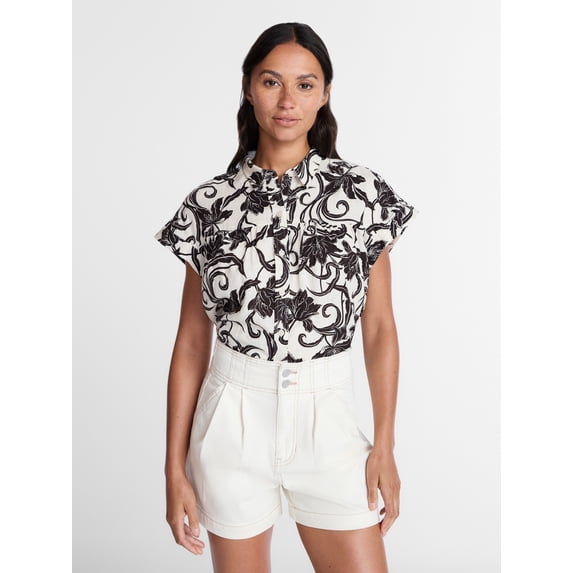 Time and Tru Women's Camp Shirt with Short Sleeves, Sizes XS-XXXL