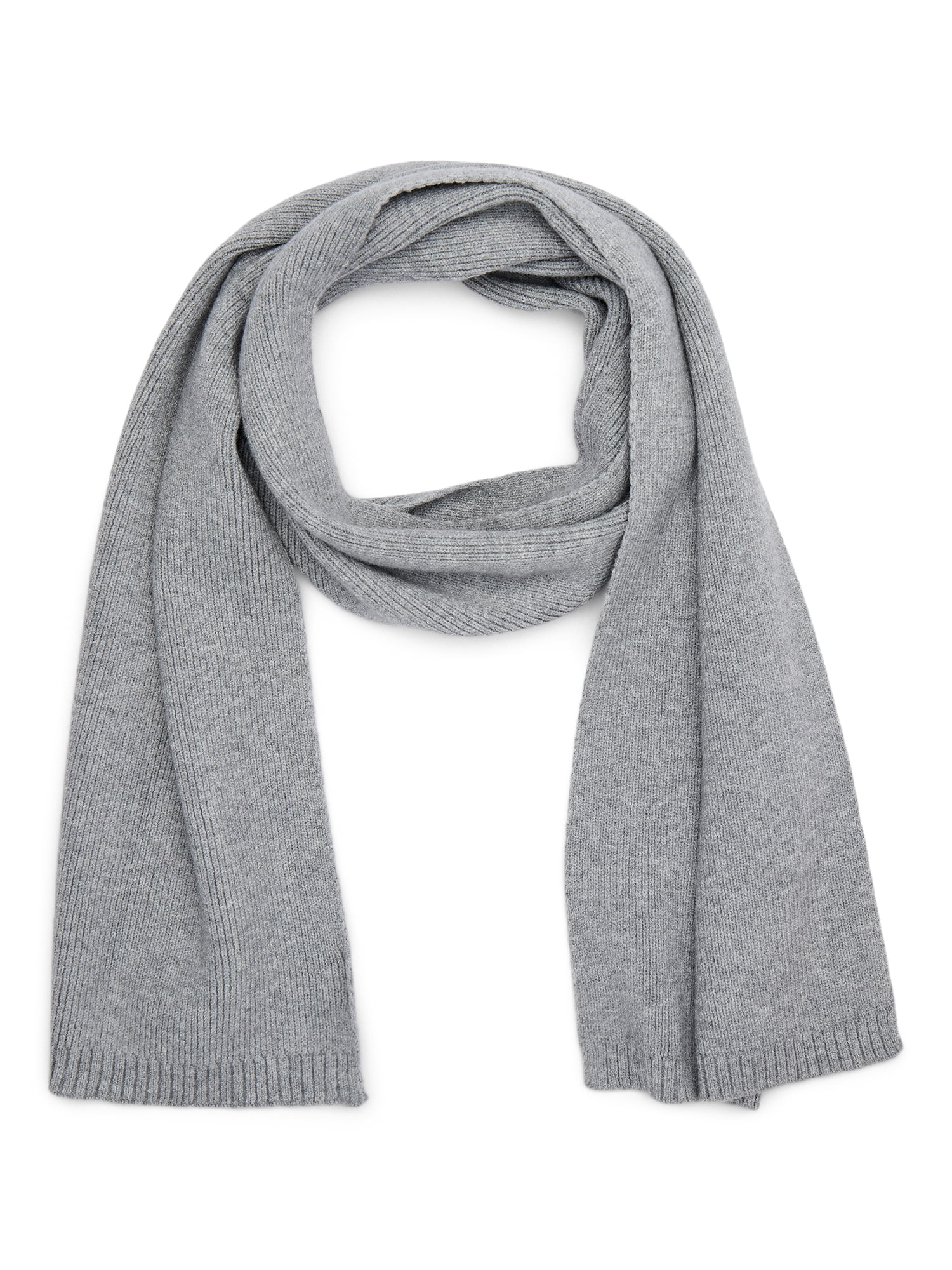 Time and Tru Women's Knit Scarf with Ribbed Trim, Medium Grey Heather
