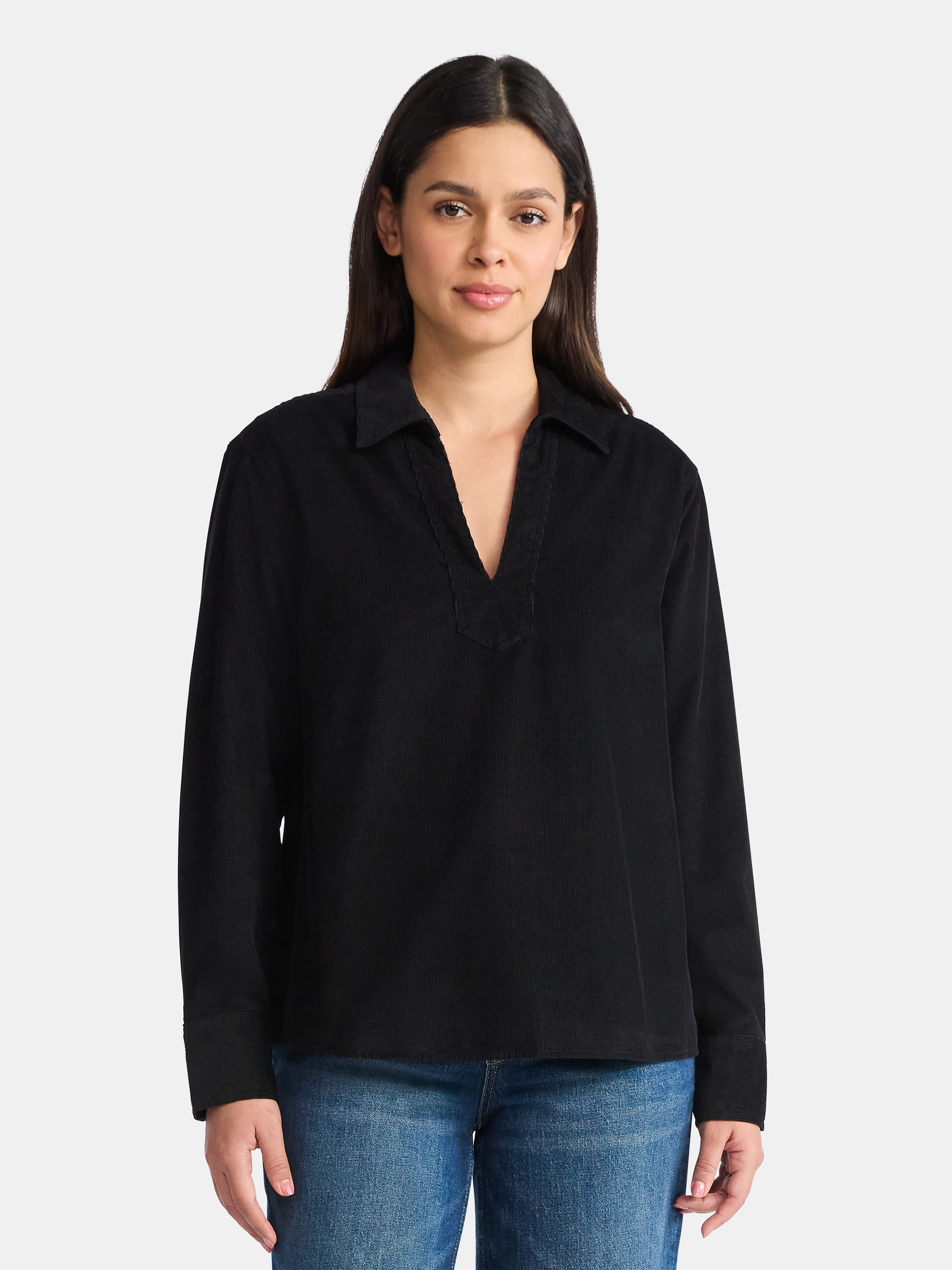 Time and Tru Women's Cotton Corduroy Popover Shirt with Long Sleeves, Sizes XS-XXXL
