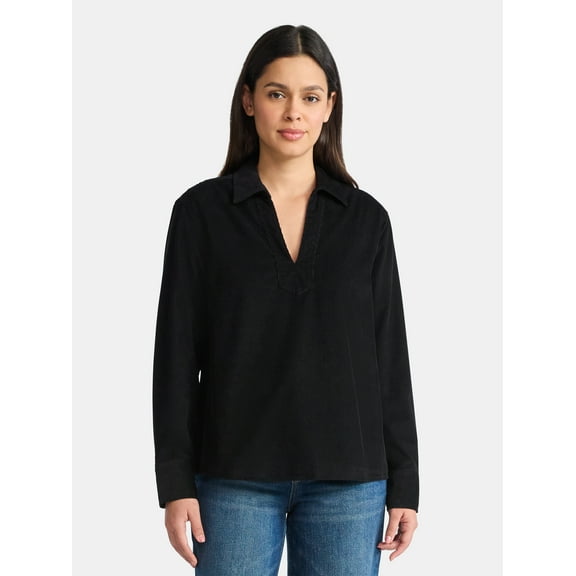 Time and Tru Women's Cotton Corduroy Popover Shirt with Long Sleeves, Sizes XS-XXXL