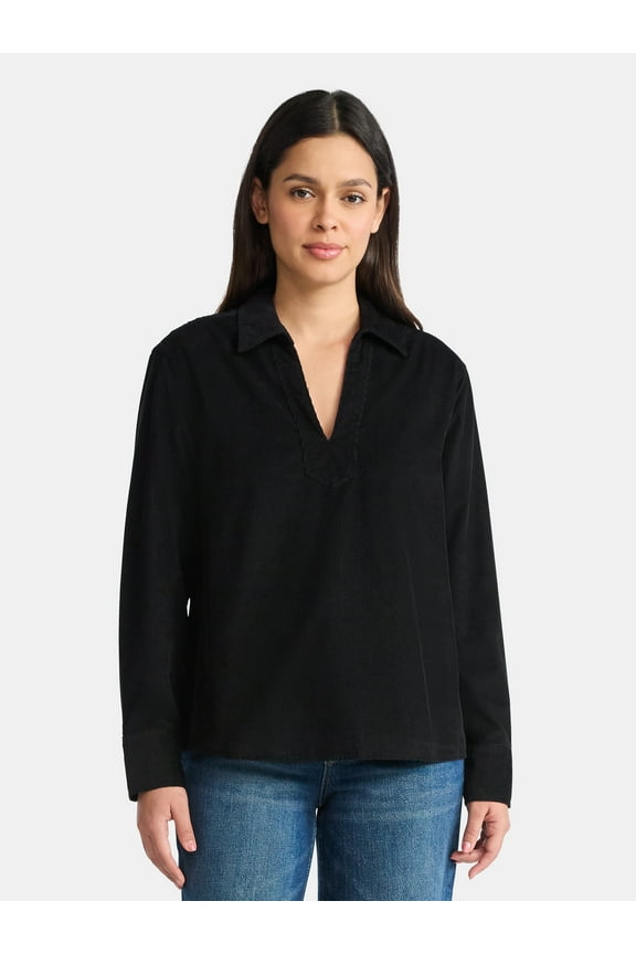 Women's Cotton Corduroy Popover Shirt with Long Sleeves, Sizes XS-XXXL