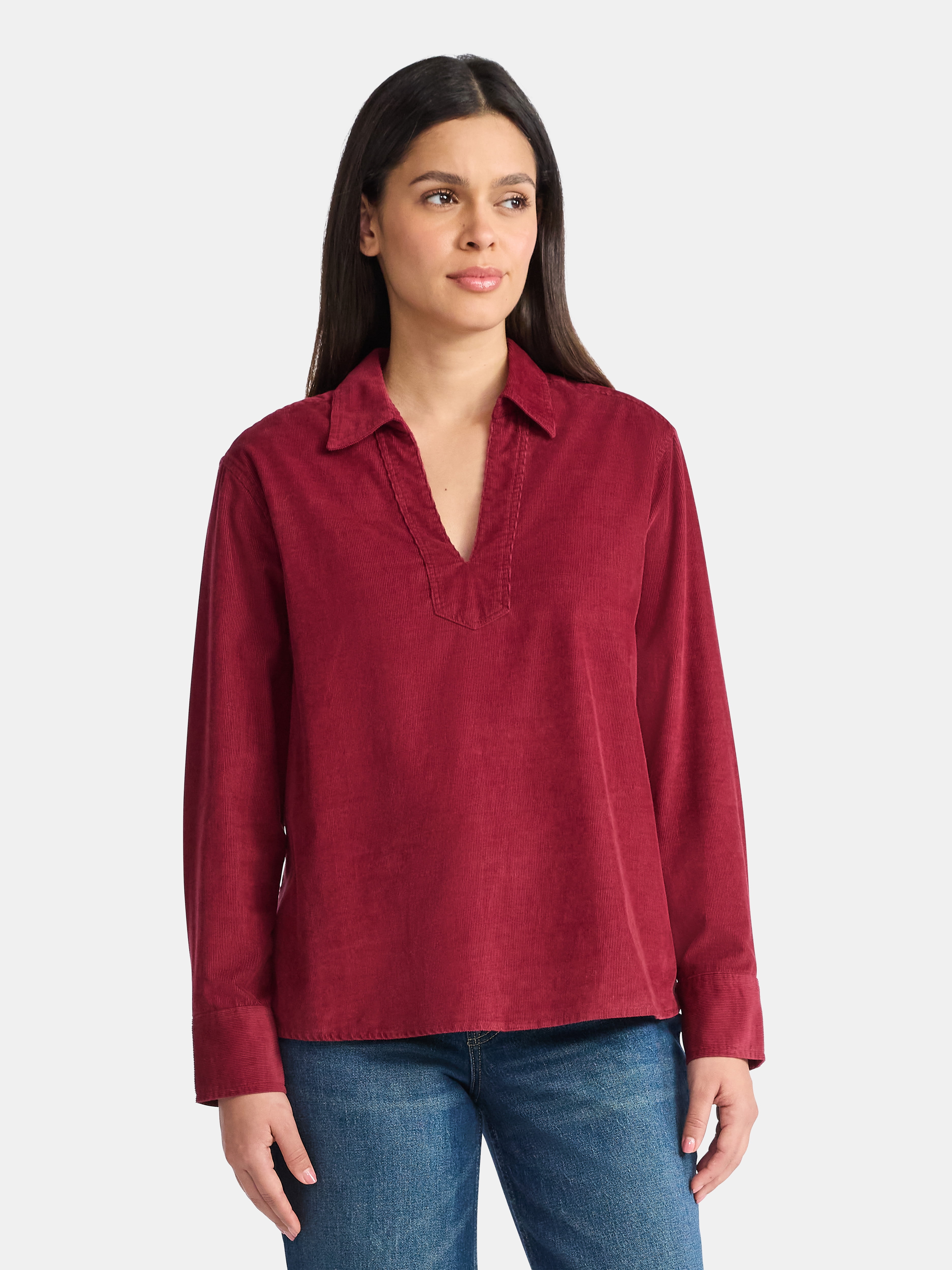 Time and Tru Women's Cotton Corduroy Popover Shirt with Long Sleeves, Sizes XS-XXXL