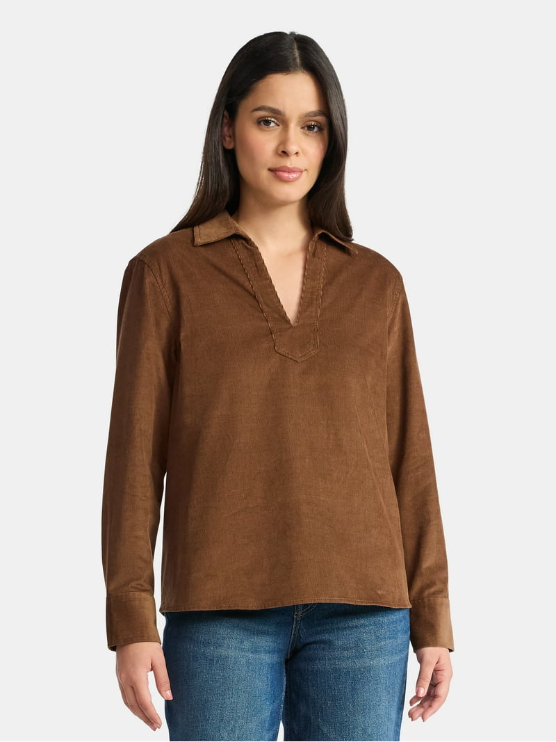 Time and Tru Women's Cotton Corduroy Popover Shirt with Long