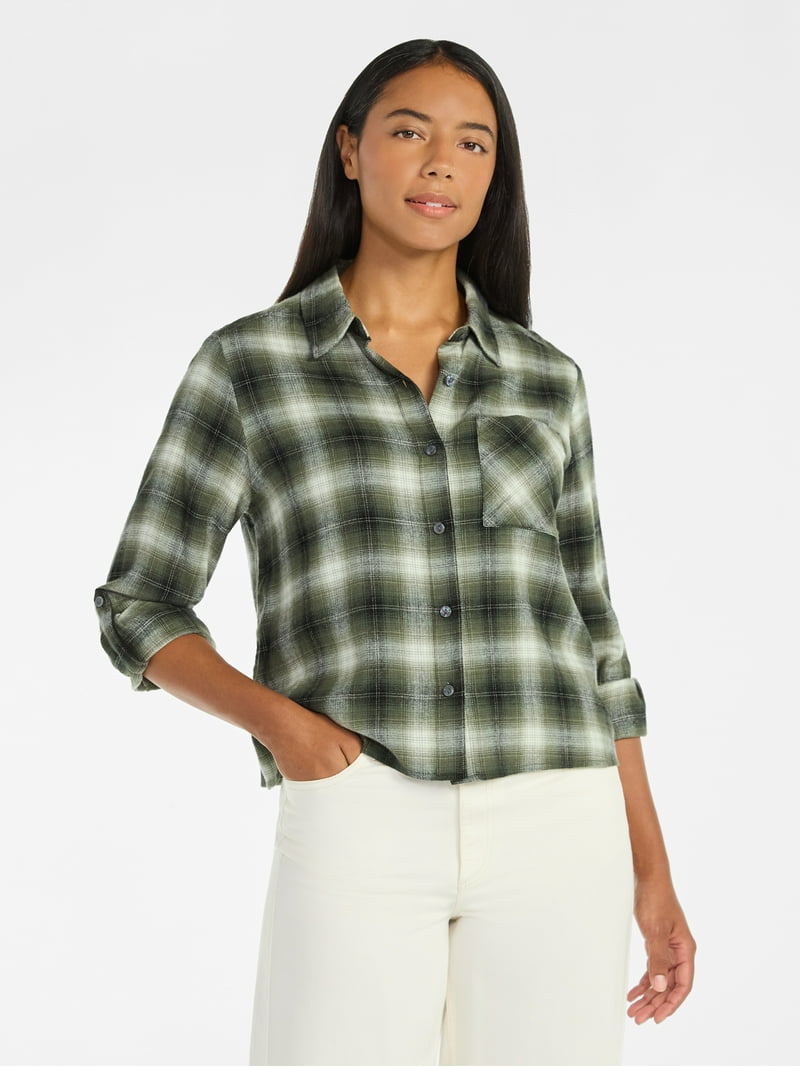 Time and Tru Women's Cropped Flannel Shirt with Long Sleeves