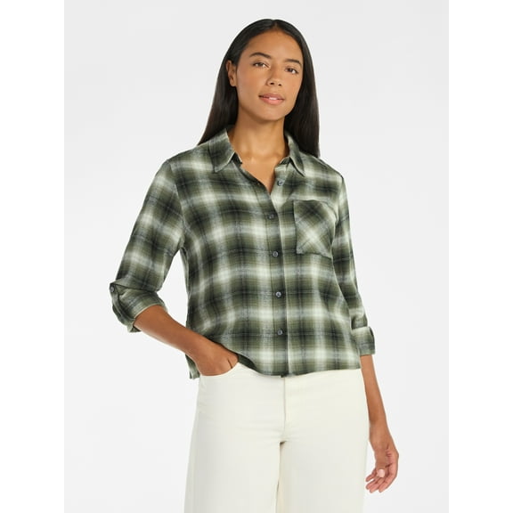 Time and Tru Women's Cropped Flannel Shirt with Long Sleeves, Sizes XS-XXXL