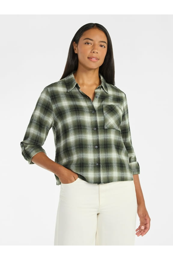 Women's Cropped Flannel Shirt with Long Sleeves, Sizes XS-XXXL
