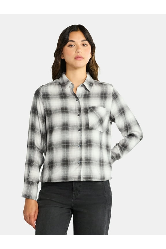 Women's Cropped Flannel Shirt with Long Sleeves, Sizes XS-XXXL