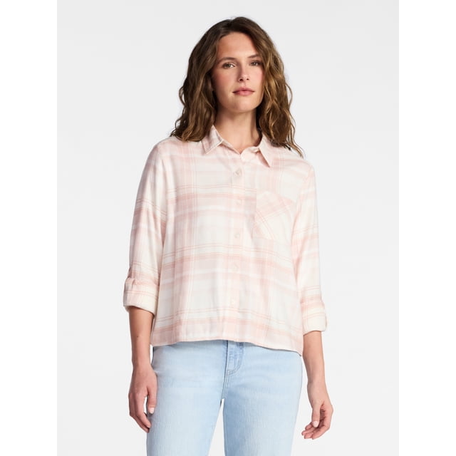 Time and Tru Women's Cropped Flannel Shirt, Sizes XS-XXXL