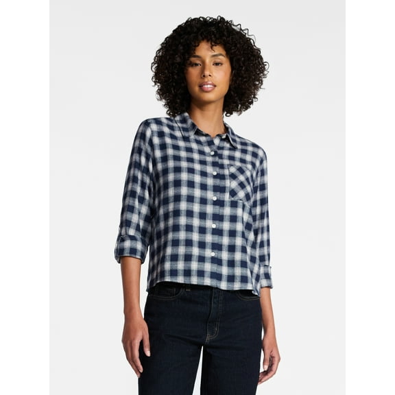 Time and Tru Women's Cropped Flannel Shirt, Sizes XS-XXXL