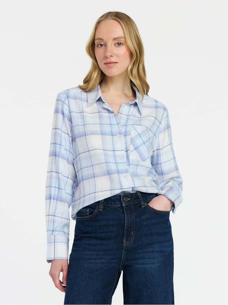 Time and Tru Women's Cropped Flannel Shirt, Sizes XS-XXXL